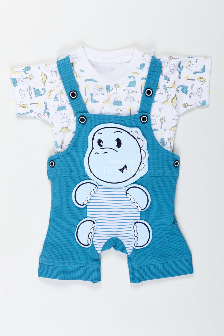 The Nesavu Boys Casual Set Dinosaur Print Set for Boys in Blue Cotton Waffle Knit with Embellished Patch and Printed Tee Nesavu Nesavu Dinosaur Print Set Baby Boys Blue Waffle Knit Cotton Dino Embellishment