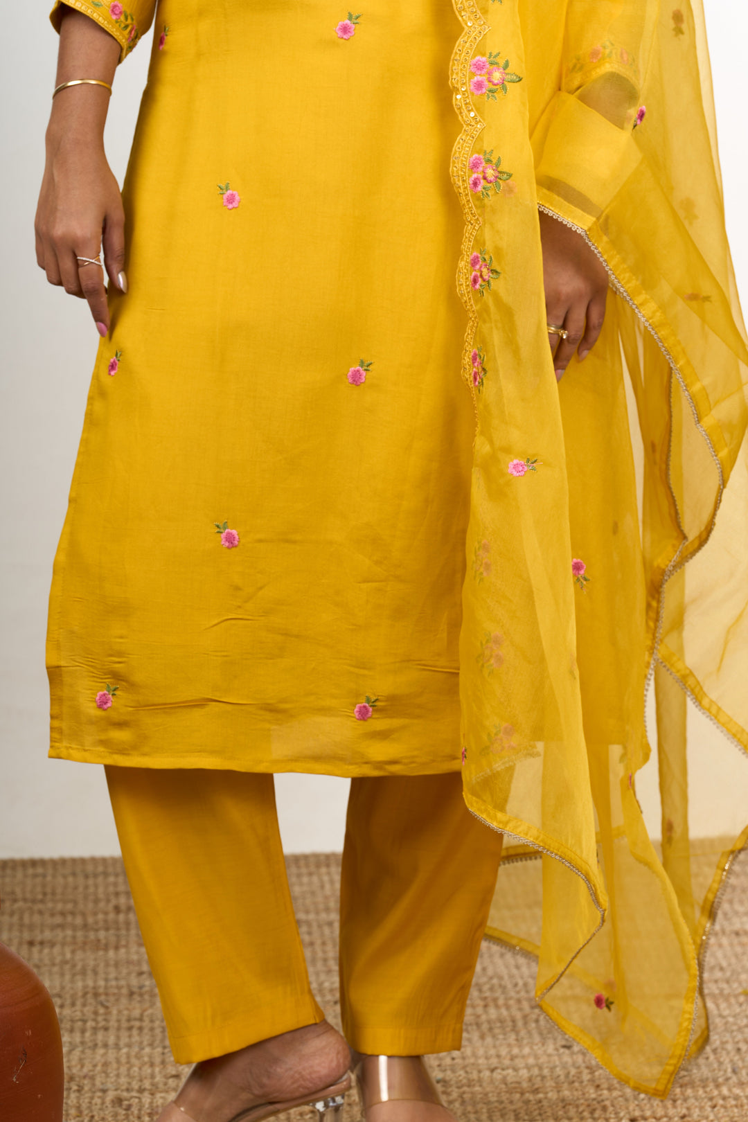 The Nesavu Womens Straight Suit Sets Diwali Function Dress in Vibrant Yellow with Floral Embroidery Womens Straight Suit Set Nesavu Diwali Function Dress Womens Straight Suit Set Blend Silk Floral Embroidery | The Nesavu