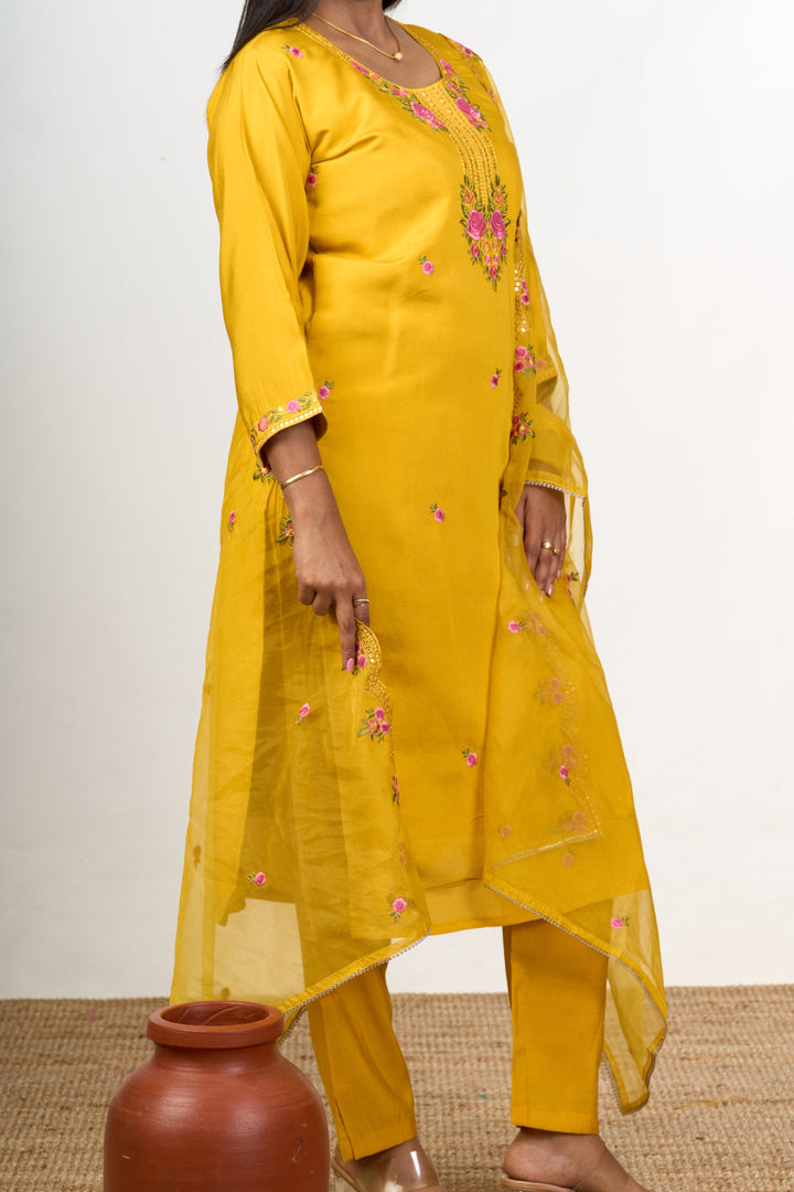 The Nesavu Womens Straight Suit Sets Diwali Function Dress in Vibrant Yellow with Floral Embroidery Womens Straight Suit Set Nesavu Diwali Function Dress Womens Straight Suit Set Blend Silk Floral Embroidery | The Nesavu