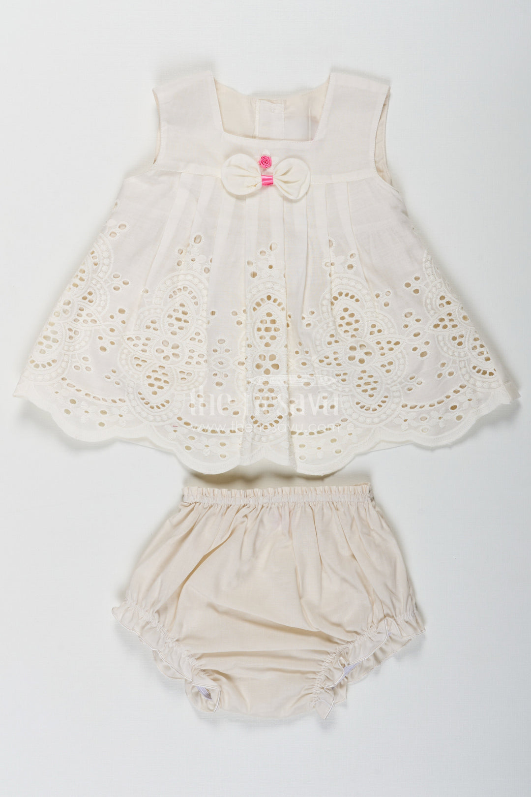 The Nesavu Baby Cotton Frocks Dress Frock Suit for Baby Girls in Cream Cotton Hakoba Embroidery with Matching Bloomers Nesavu 10 (NB) / Cream BFJ789B-10 Dress Frock Suit Baby Girls Cream Cotton Hakoba Bow Bloomers | The Nesavu