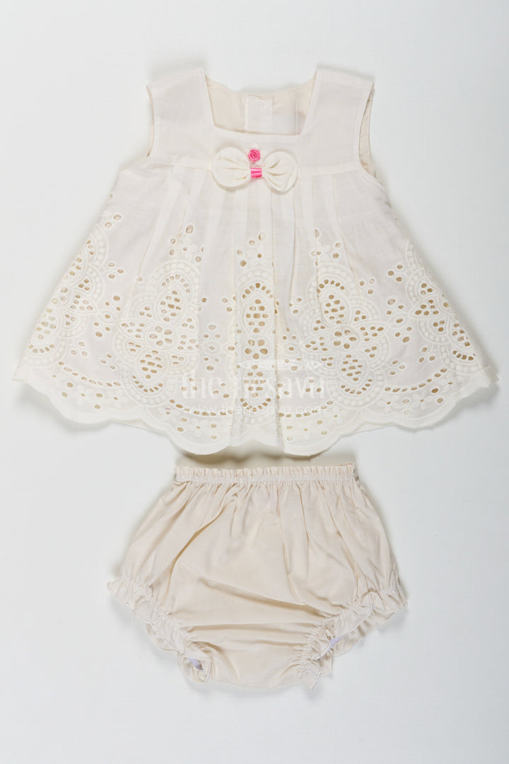 The Nesavu Baby Cotton Frocks Dress Frock Suit for Baby Girls in Cream Cotton Hakoba Embroidery with Matching Bloomers Nesavu 10 (NB) / Cream BFJ789B-10 Dress Frock Suit Baby Girls Cream Cotton Hakoba Bow Bloomers | The Nesavu
