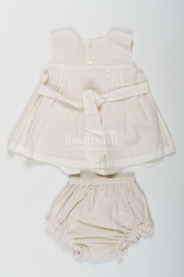 The Nesavu Baby Cotton Frocks Dress Frock Suit for Baby Girls in Cream Cotton Hakoba Embroidery with Matching Bloomers Nesavu Dress Frock Suit Baby Girls Cream Cotton Hakoba Bow Bloomers | The Nesavu