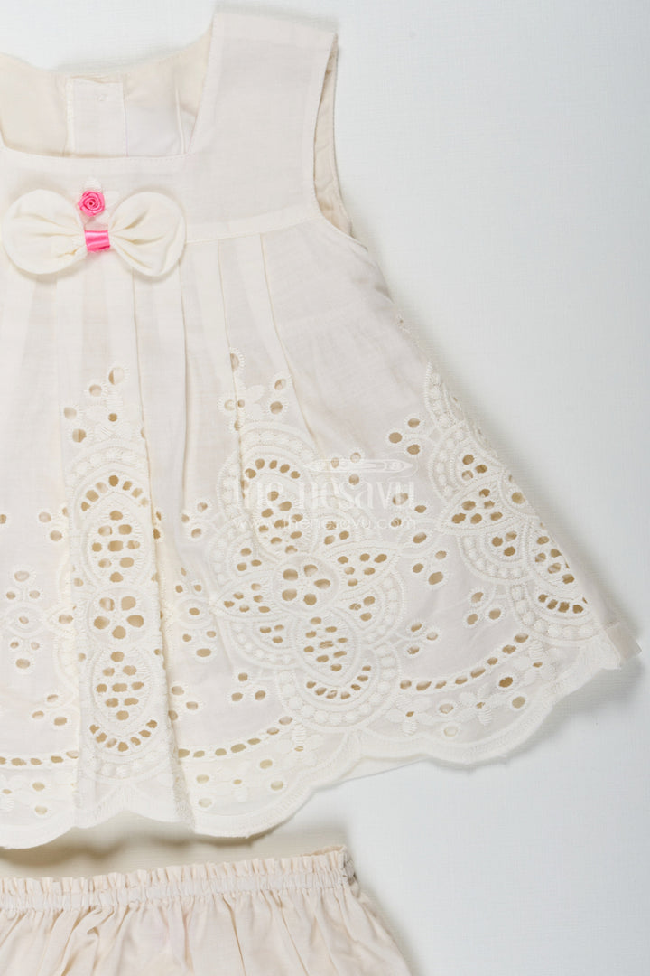 The Nesavu Baby Cotton Frocks Dress Frock Suit for Baby Girls in Cream Cotton Hakoba Embroidery with Matching Bloomers Nesavu Dress Frock Suit Baby Girls Cream Cotton Hakoba Bow Bloomers | The Nesavu
