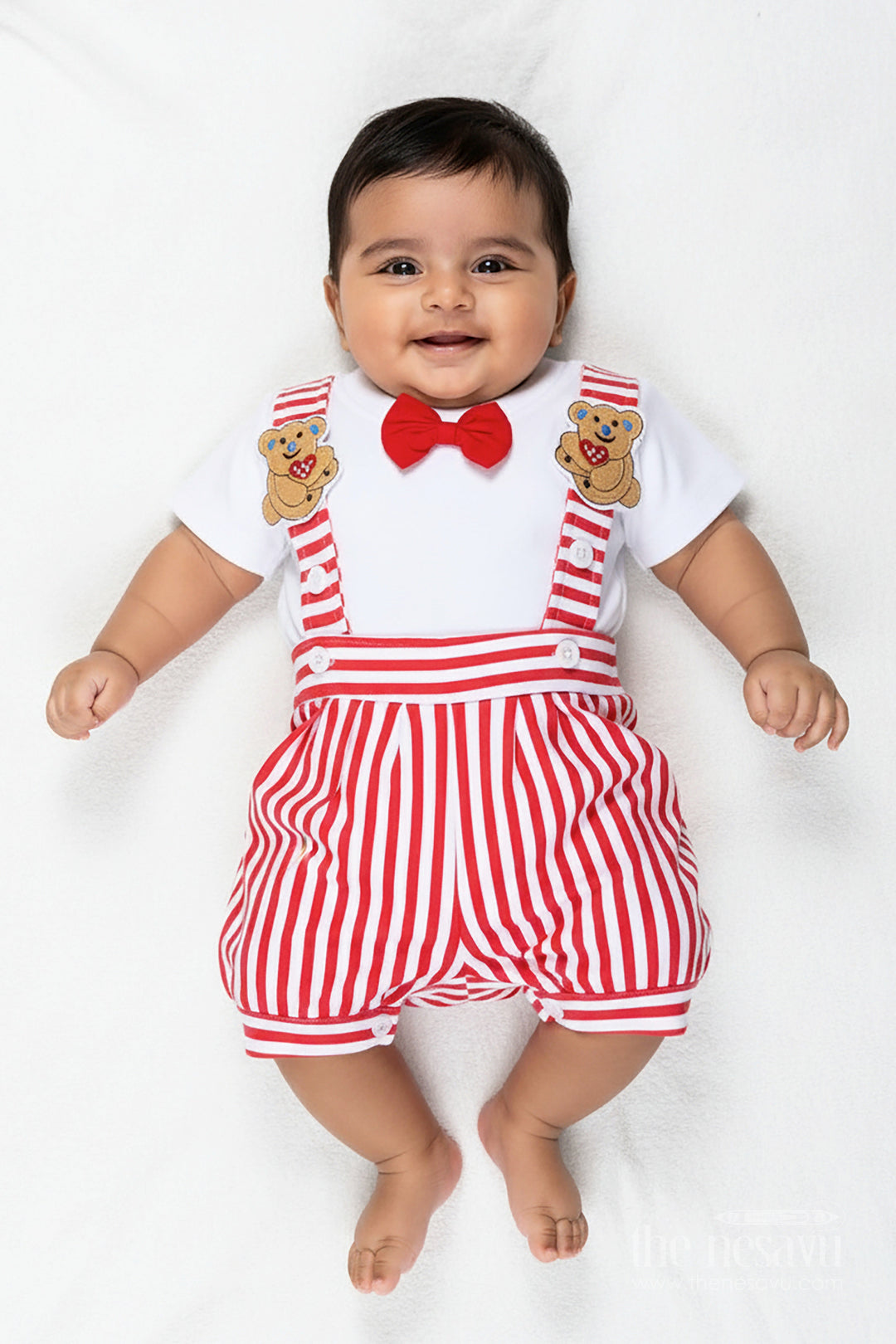 The Nesavu Boys Casual Set Dress Shirt and Bow for Boys in Cotton with Red Striped Dungaree and Teddy Shoulder Accents Nesavu 14 (6M) / Red BCS298B-14 Nesavu Cotton Dress Shirt Bow Set Boys Striped Dungaree Teddy Accents