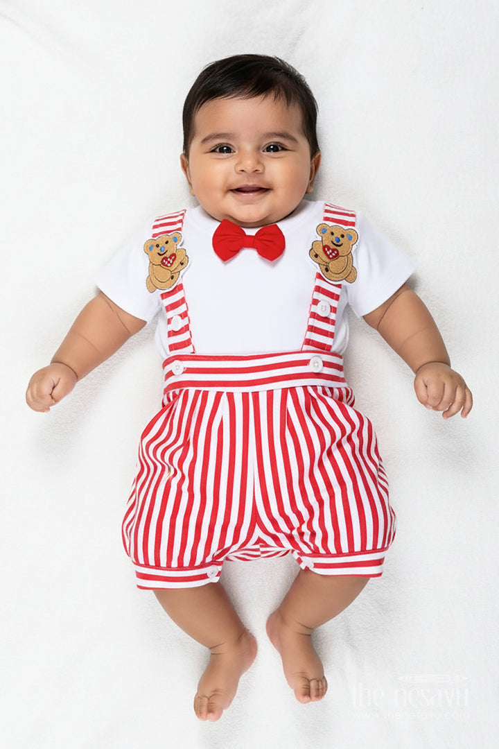 The Nesavu Boys Casual Set Dress Shirt and Bow for Boys in Cotton with Red Striped Dungaree and Teddy Shoulder Accents Nesavu 14 (6M) / Red BCS298B-14 Nesavu Cotton Dress Shirt Bow Set Boys Striped Dungaree Teddy Accents