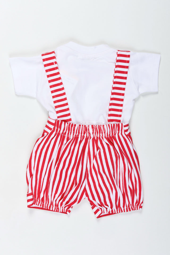 The Nesavu Boys Casual Set Dress Shirt and Bow for Boys in Cotton with Red Striped Dungaree and Teddy Shoulder Accents Nesavu Nesavu Cotton Dress Shirt Bow Set Boys Striped Dungaree Teddy Accents
