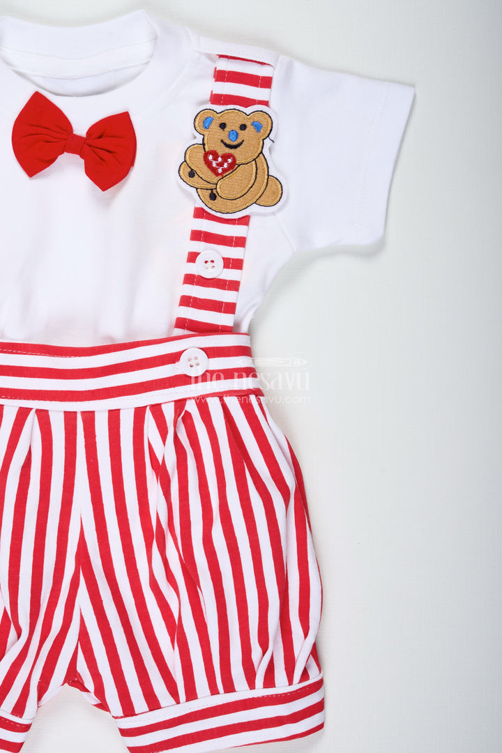 The Nesavu Boys Casual Set Dress Shirt and Bow for Boys in Cotton with Red Striped Dungaree and Teddy Shoulder Accents Nesavu Nesavu Cotton Dress Shirt Bow Set Boys Striped Dungaree Teddy Accents