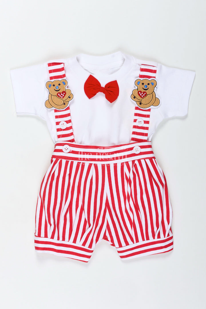 The Nesavu Boys Casual Set Dress Shirt and Bow for Boys in Cotton with Red Striped Dungaree and Teddy Shoulder Accents Nesavu Nesavu Cotton Dress Shirt Bow Set Boys Striped Dungaree Teddy Accents