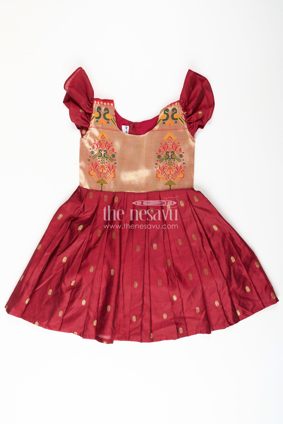 The Nesavu Silk Frock Dress Silk Frock for Girls in Rich Maroon Chanderi with Festive Paithani Embellished Yoke Nesavu 22 (4Y) / Red SF1013B-22 Nesavu Dress Silk Frock Girls Maroon Chanderi Paithani Embellished Yoke Puff Sleeves