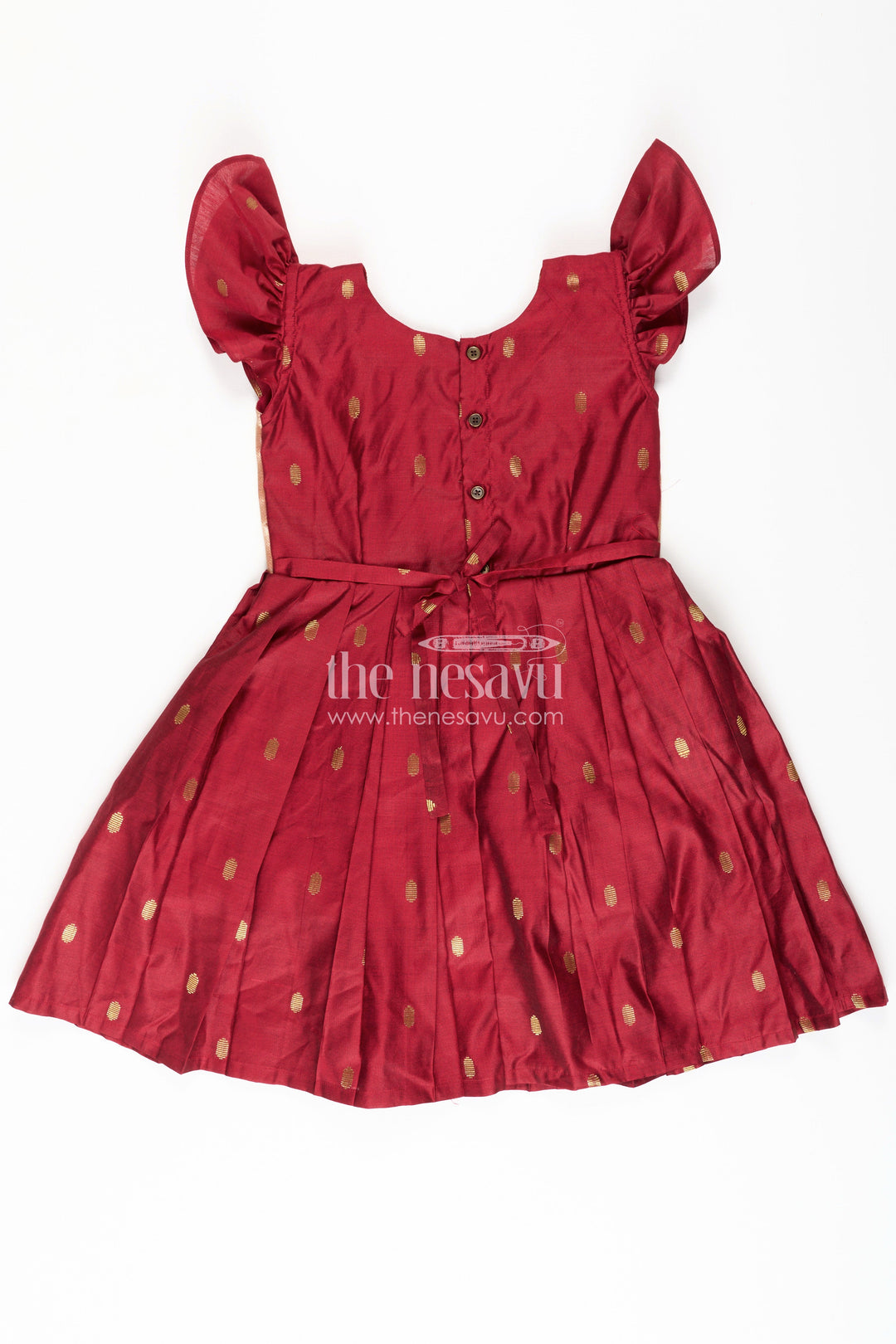 The Nesavu Silk Frock Dress Silk Frock for Girls in Rich Maroon Chanderi with Festive Paithani Embellished Yoke Nesavu Nesavu Dress Silk Frock Girls Maroon Chanderi Paithani Embellished Yoke Puff Sleeves