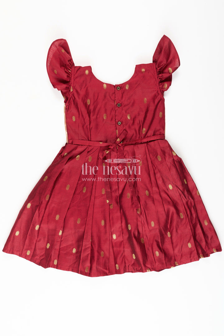 The Nesavu Silk Frock Dress Silk Frock for Girls in Rich Maroon Chanderi with Festive Paithani Embellished Yoke Nesavu Nesavu Dress Silk Frock Girls Maroon Chanderi Paithani Embellished Yoke Puff Sleeves
