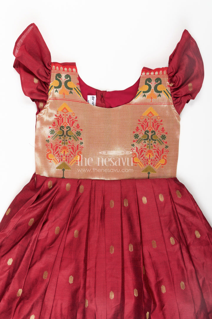 The Nesavu Silk Frock Dress Silk Frock for Girls in Rich Maroon Chanderi with Festive Paithani Embellished Yoke Nesavu Nesavu Dress Silk Frock Girls Maroon Chanderi Paithani Embellished Yoke Puff Sleeves