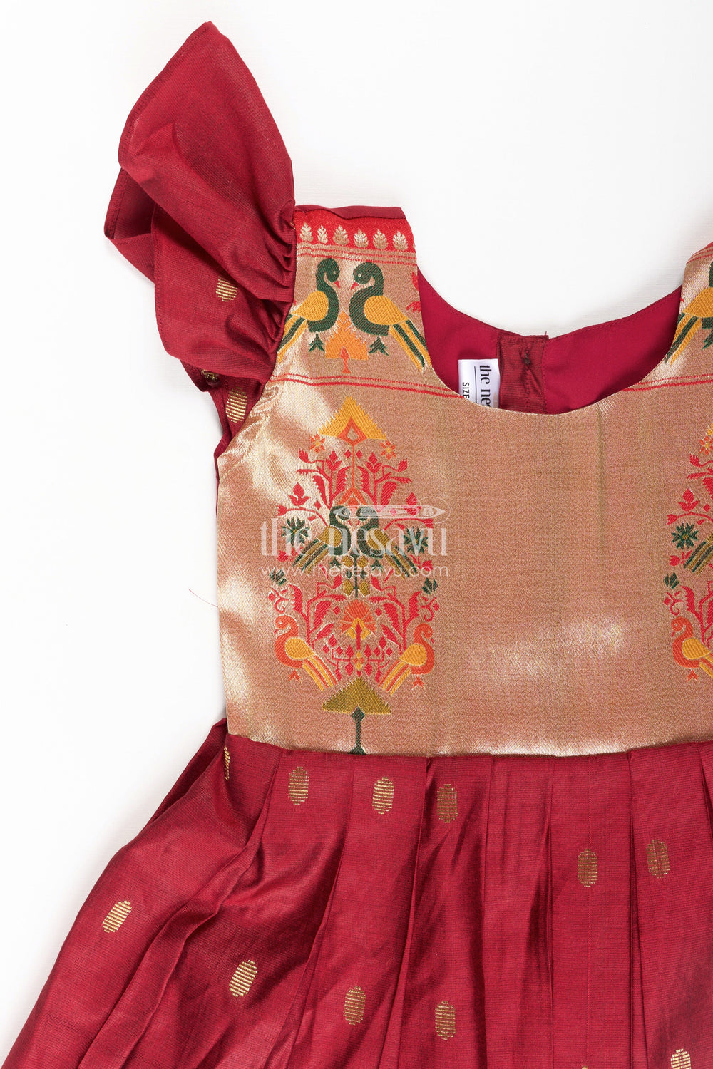 The Nesavu Silk Frock Dress Silk Frock for Girls in Rich Maroon Chanderi with Festive Paithani Embellished Yoke Nesavu Nesavu Dress Silk Frock Girls Maroon Chanderi Paithani Embellished Yoke Puff Sleeves