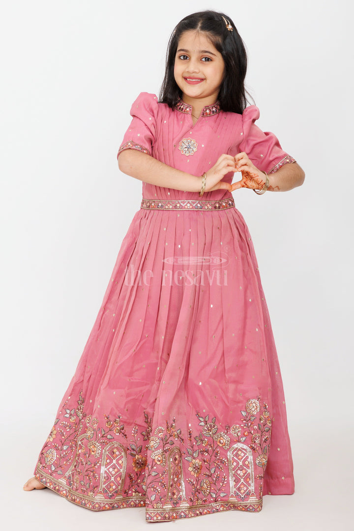 The Nesavu Girls Silk Gown Dusty Rose Girls Silk Gown with Floral Embroidery and 3/4 Sleeves for Party Wear Nesavu 18 (2Y) / Rose GA256C-18 Nesavu Dusty Rose Girls Silk Gown 34 Sleeves Floral Embroidery Special Occasions