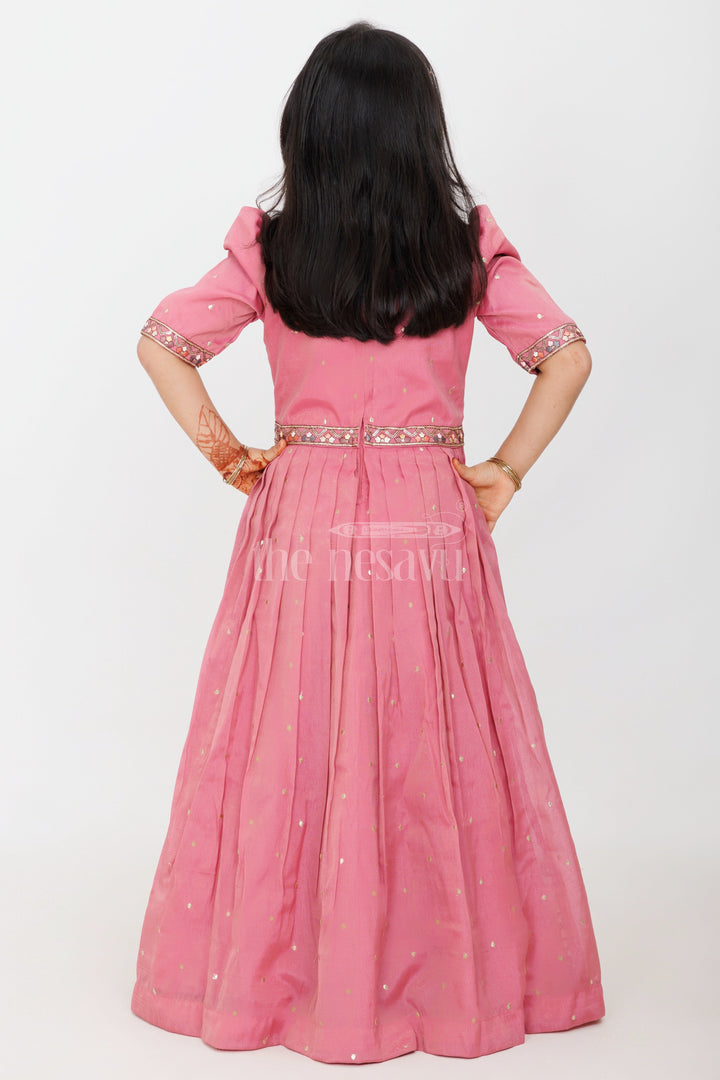 The Nesavu Girls Silk Gown Dusty Rose Girls Silk Gown with Floral Embroidery and 3/4 Sleeves for Party Wear Nesavu Nesavu Dusty Rose Girls Silk Gown 34 Sleeves Floral Embroidery Special Occasions