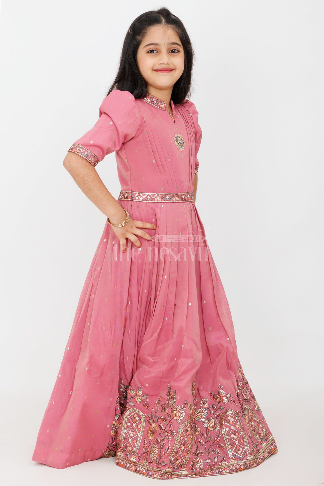 The Nesavu Girls Silk Gown Dusty Rose Girls Silk Gown with Floral Embroidery and 3/4 Sleeves for Party Wear Nesavu Nesavu Dusty Rose Girls Silk Gown 34 Sleeves Floral Embroidery Special Occasions