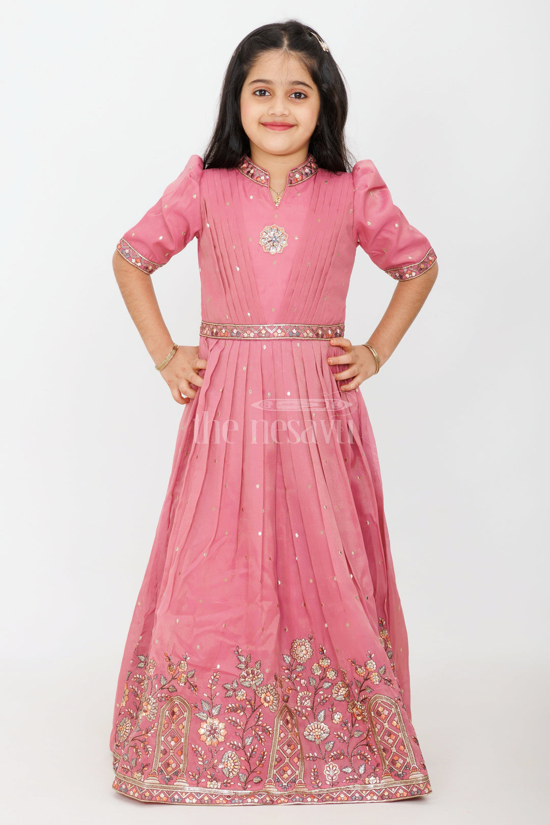 The Nesavu Girls Silk Gown Dusty Rose Girls Silk Gown with Floral Embroidery and 3/4 Sleeves for Party Wear Nesavu Nesavu Dusty Rose Girls Silk Gown 34 Sleeves Floral Embroidery Special Occasions