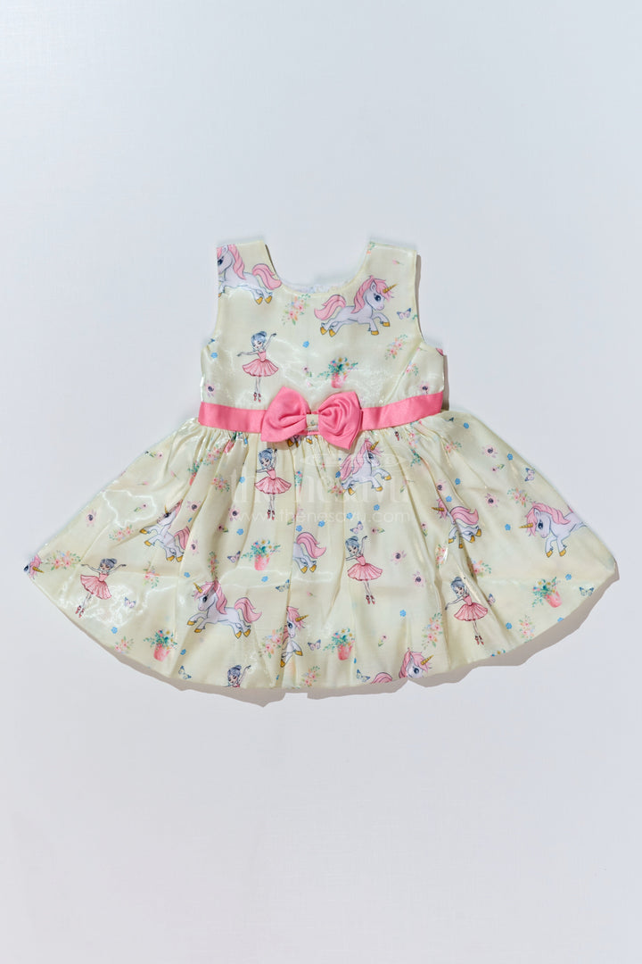 The Nesavu Baby Fancy Frock Easter Fancy Dress for Baby Girls in Glaza Satin Organza with Unicorn Print and Bow Accent Nesavu 14 (6M) / Yellow BFJ723B-14 Easter Fancy Dress Baby Girls Glaza Satin Organza Unicorn Print Bow Accent | The Nesavu