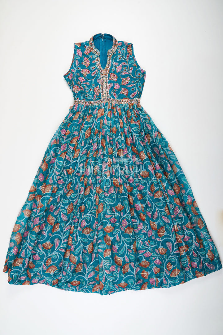 The Nesavu Girls Silk Gown Elegant Anarkali for Girls in Pure Chinon with Digital Print and Embroidered Bodice Nesavu 32 (9Y) / Teal GA294A-32 Elegant Anarkali Girls Pure Chinon Digital Print Embroidered Bodice | The Nesavu