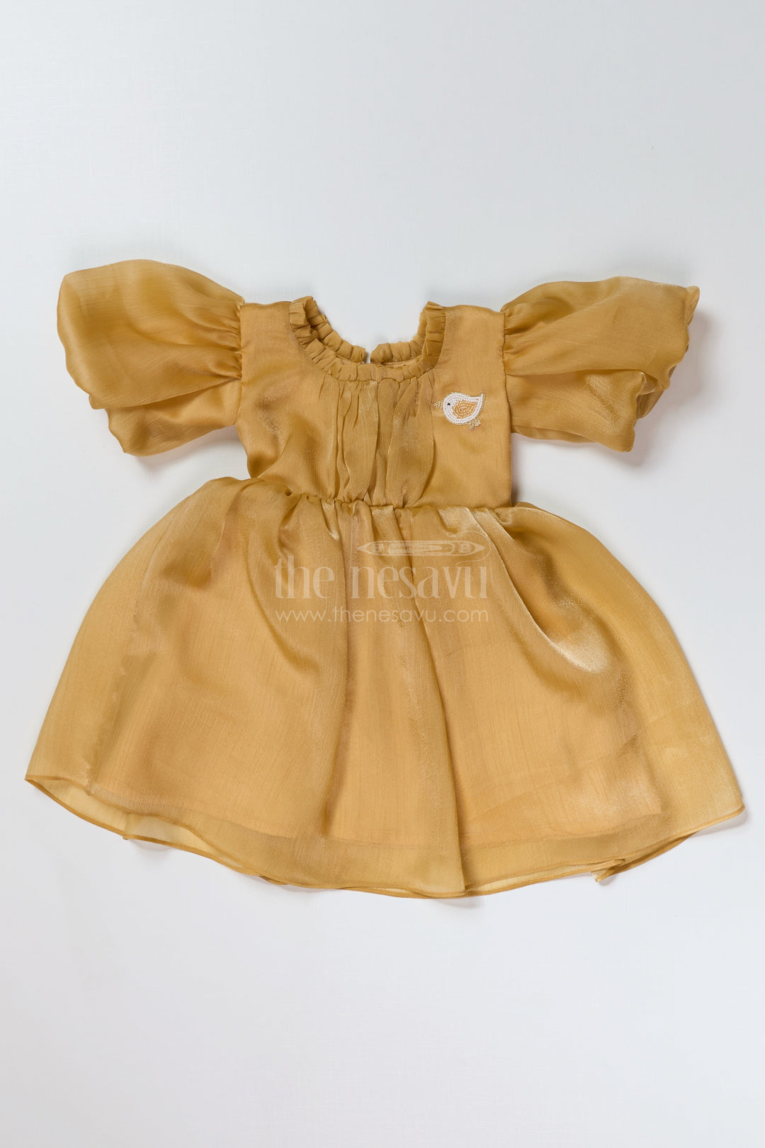 The Nesavu Girls Fancy Party Frock Elegant Birthday Party Frock for Girls in Golden Glaze Organza with Puffy Sleeves Nesavu 18 (2Y) / Yellow PF186E-18 Birthday Party Frock Girls Golden Glaze Organza Puffy Sleeves | The Nesavu