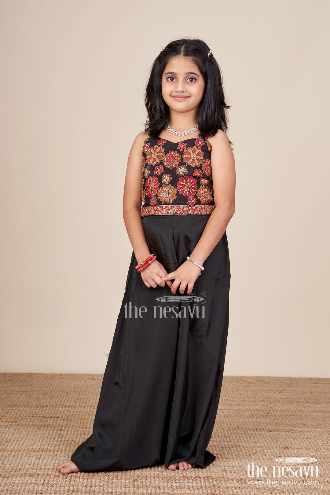 The Nesavu Girls Sharara / Plazo Set Elegant Black Sharara Set with Rich Floral Embroidery Nesavu 26 (6Y) / Black GPS745A-26 Nesavu black viscose silk sharara set embroidered jacket  girls festive attire