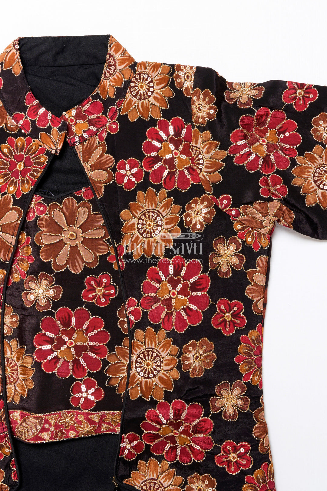 The Nesavu Girls Sharara / Plazo Set Elegant Black Sharara Set with Rich Floral Embroidery Nesavu Nesavu black viscose silk sharara set embroidered jacket  girls festive attire
