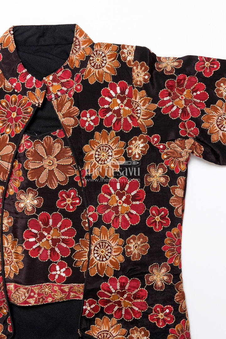 The Nesavu Girls Sharara / Plazo Set Elegant Black Sharara Set with Rich Floral Embroidery Nesavu Nesavu black viscose silk sharara set embroidered jacket  girls festive attire