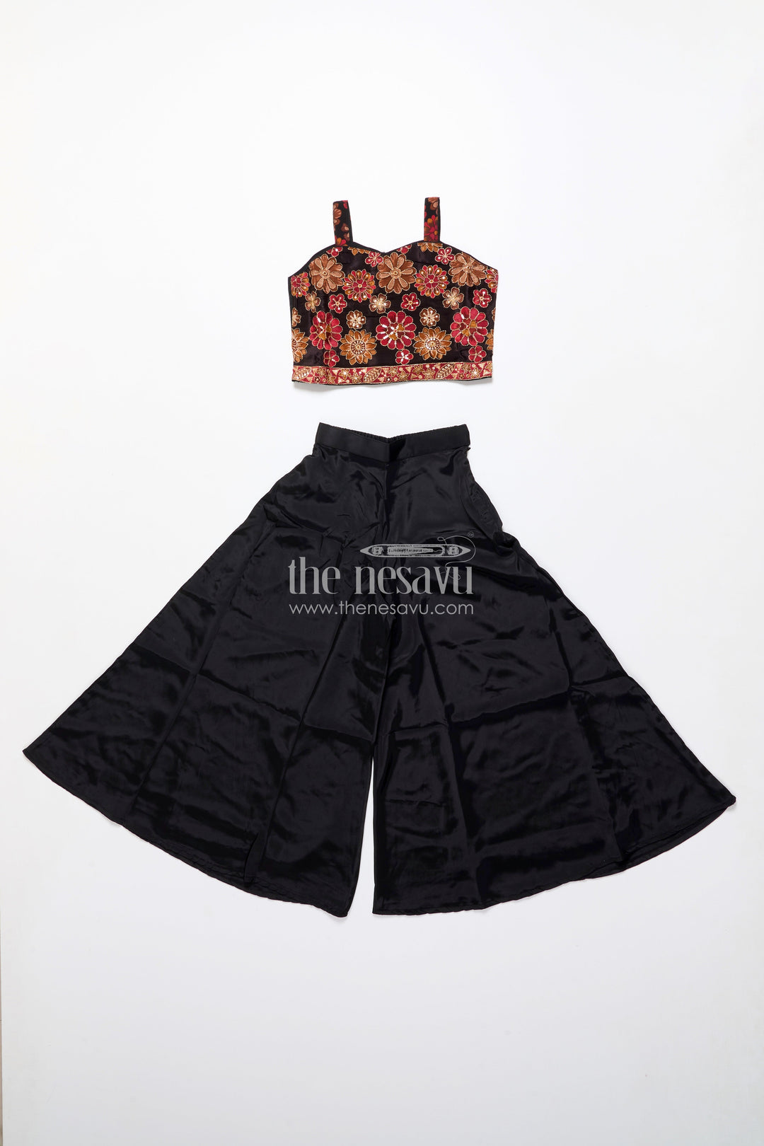 The Nesavu Girls Sharara / Plazo Set Elegant Black Sharara Set with Rich Floral Embroidery Nesavu Nesavu black viscose silk sharara set embroidered jacket  girls festive attire