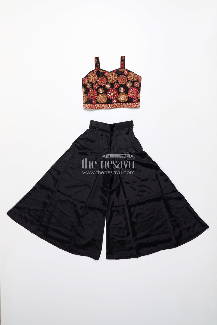 The Nesavu Girls Sharara / Plazo Set Elegant Black Sharara Set with Rich Floral Embroidery Nesavu Nesavu black viscose silk sharara set embroidered jacket  girls festive attire