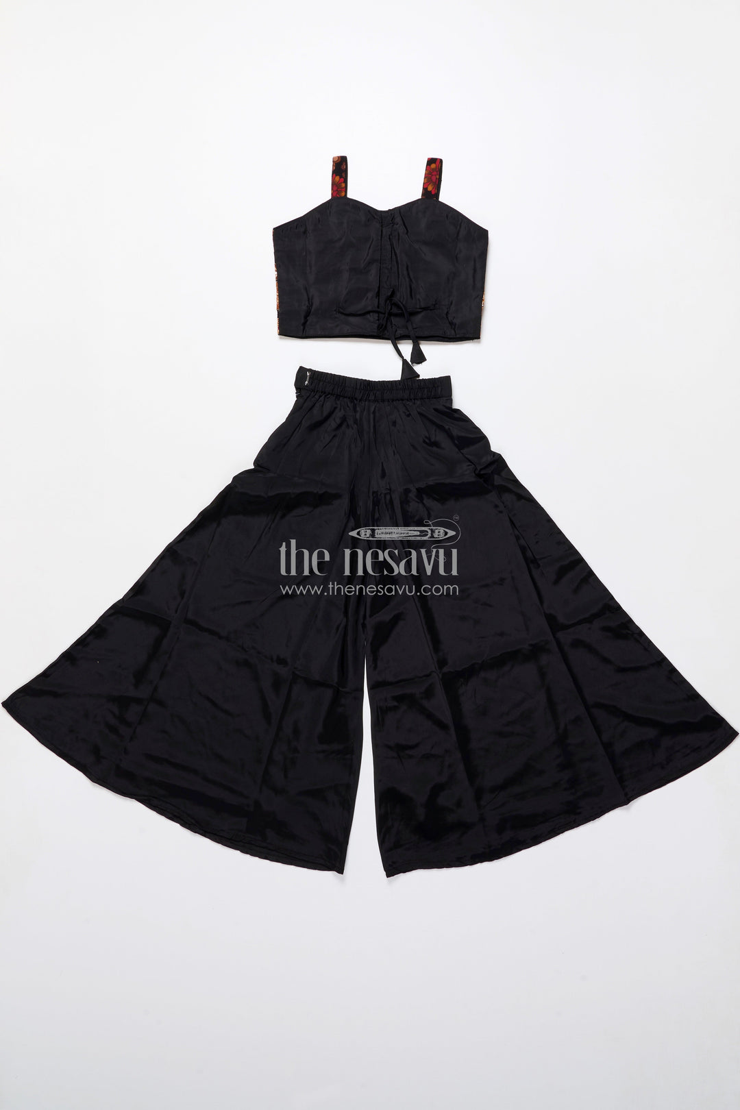 The Nesavu Girls Sharara / Plazo Set Elegant Black Sharara Set with Rich Floral Embroidery Nesavu Nesavu black viscose silk sharara set embroidered jacket  girls festive attire