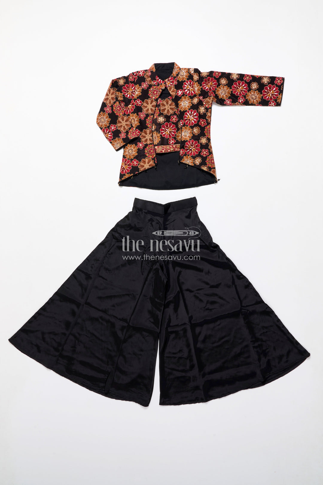The Nesavu Girls Sharara / Plazo Set Elegant Black Sharara Set with Rich Floral Embroidery Nesavu Nesavu black viscose silk sharara set embroidered jacket  girls festive attire