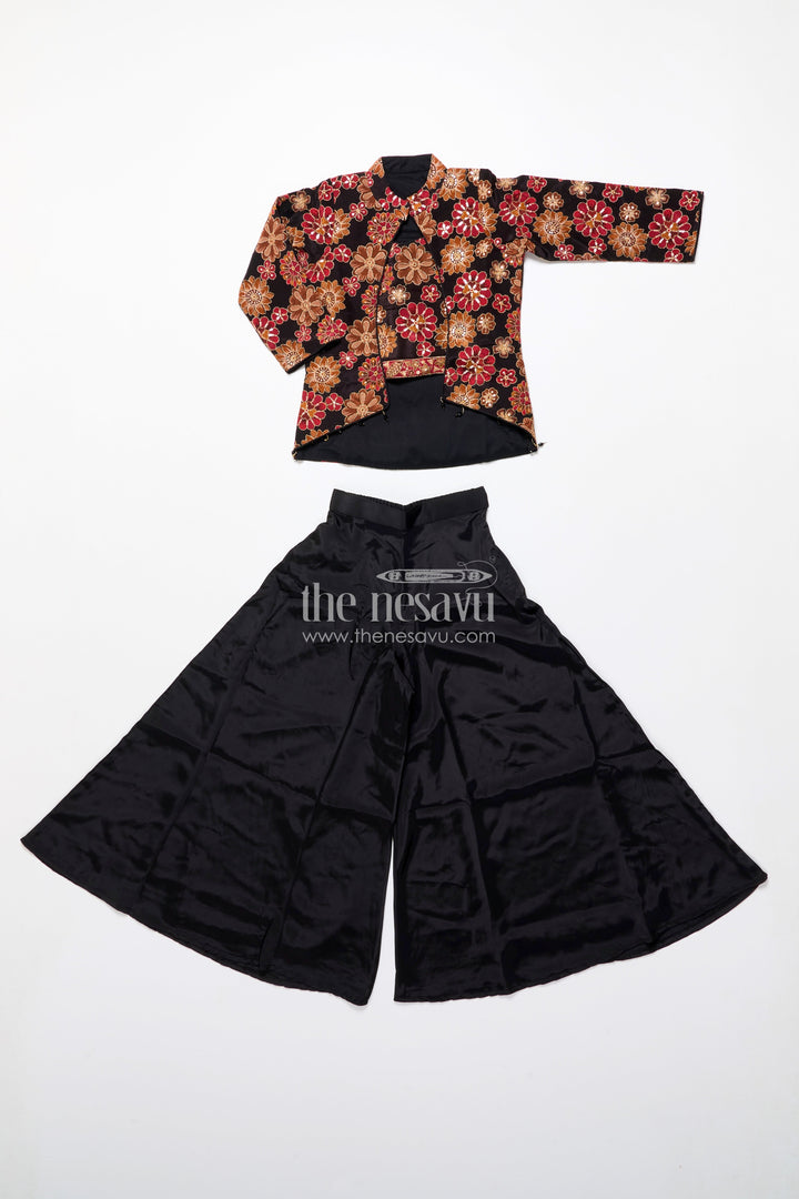 The Nesavu Girls Sharara / Plazo Set Elegant Black Sharara Set with Rich Floral Embroidery Nesavu Nesavu black viscose silk sharara set embroidered jacket  girls festive attire