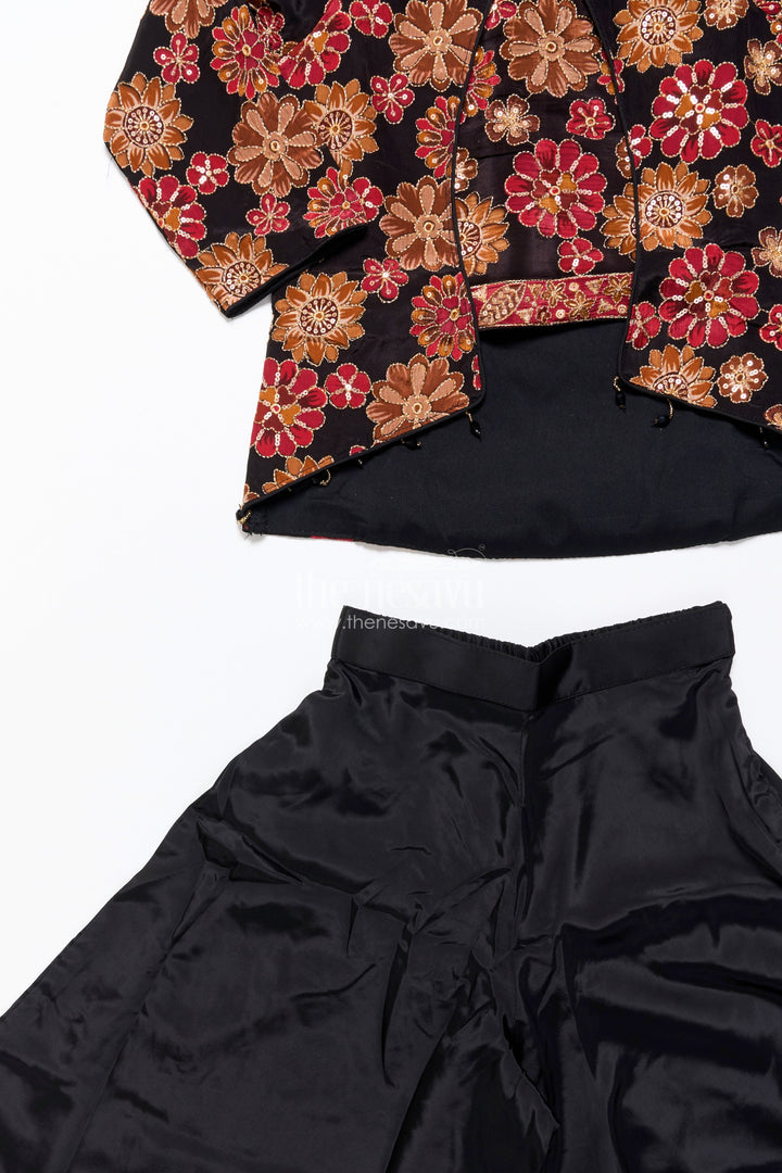 The Nesavu Girls Sharara / Plazo Set Elegant Black Sharara Set with Rich Floral Embroidery Nesavu Nesavu black viscose silk sharara set embroidered jacket  girls festive attire
