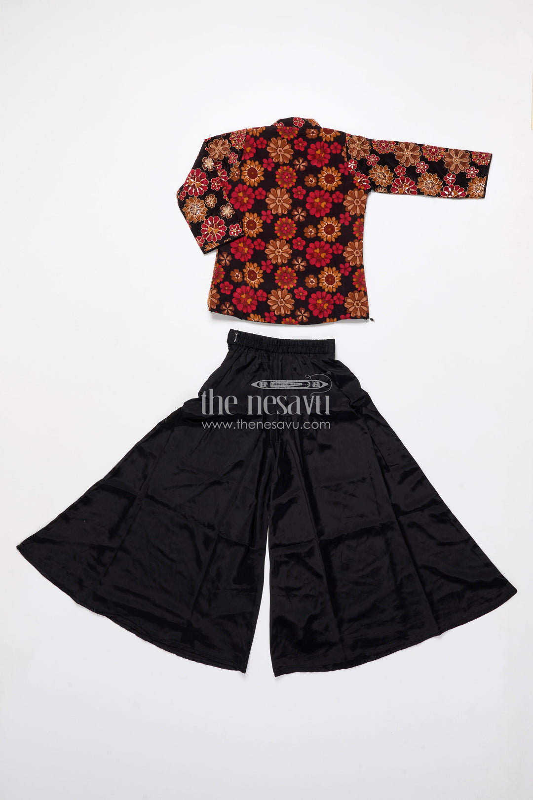 The Nesavu Girls Sharara / Plazo Set Elegant Black Sharara Set with Rich Floral Embroidery Nesavu Nesavu black viscose silk sharara set embroidered jacket  girls festive attire
