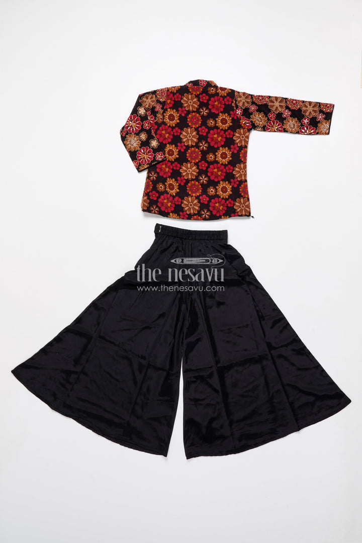 The Nesavu Girls Sharara / Plazo Set Elegant Black Sharara Set with Rich Floral Embroidery Nesavu Nesavu black viscose silk sharara set embroidered jacket  girls festive attire
