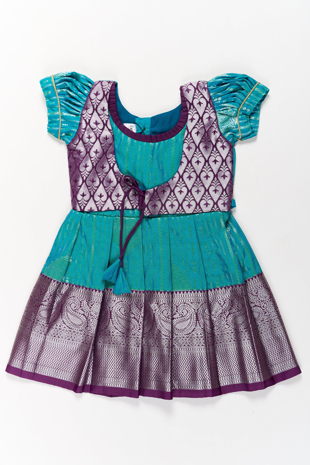 The Nesavu Girls Kanchi Silk Frock Elegant Blue and Silver Pattu Pavadai Sattai for Girls with Zari Work Nesavu 16 (1Y) / Blue / Style 1 SF851AA-16 Elegant Blue Silver Pattu Pavadai Sattai Girls Zari Work | The Nesavu