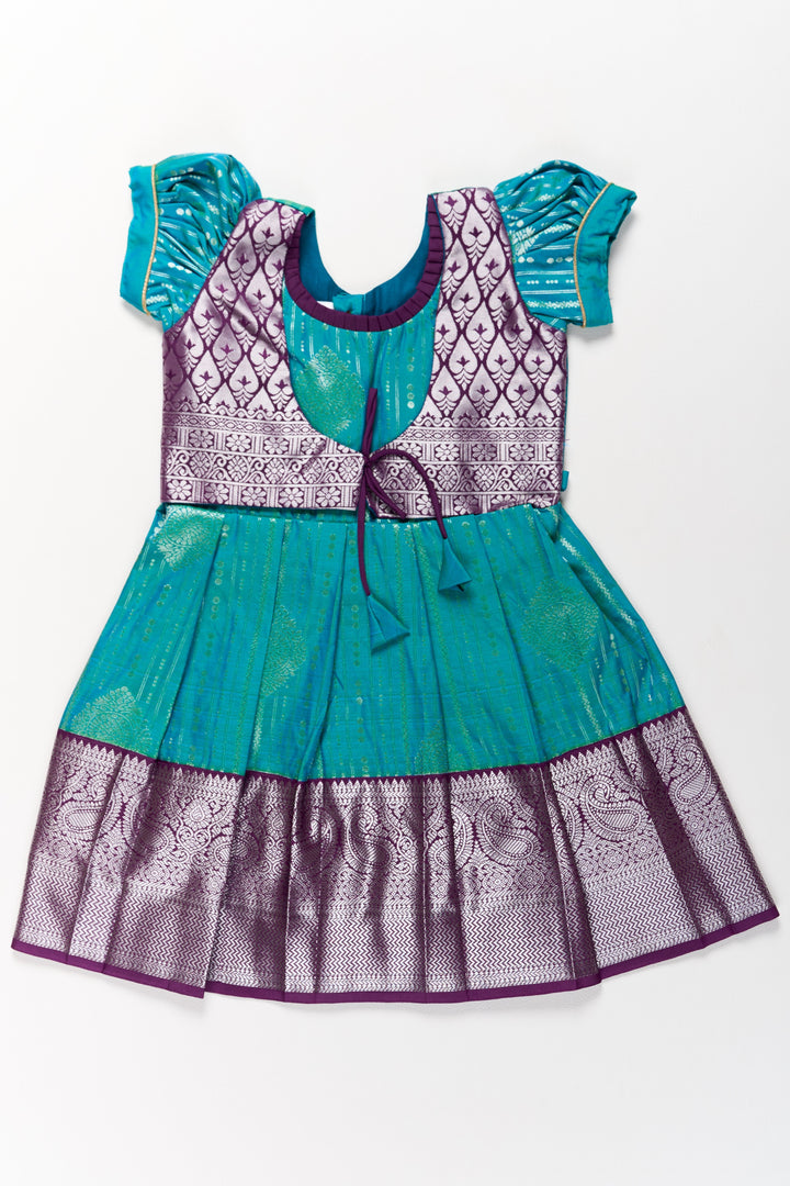 The Nesavu Girls Kanchi Silk Frock Elegant Blue and Silver Pattu Pavadai Sattai for Girls with Zari Work Nesavu 20 (3Y) / Blue / Style 2 SF851AB-20 Elegant Blue Silver Pattu Pavadai Sattai Girls Zari Work | The Nesavu