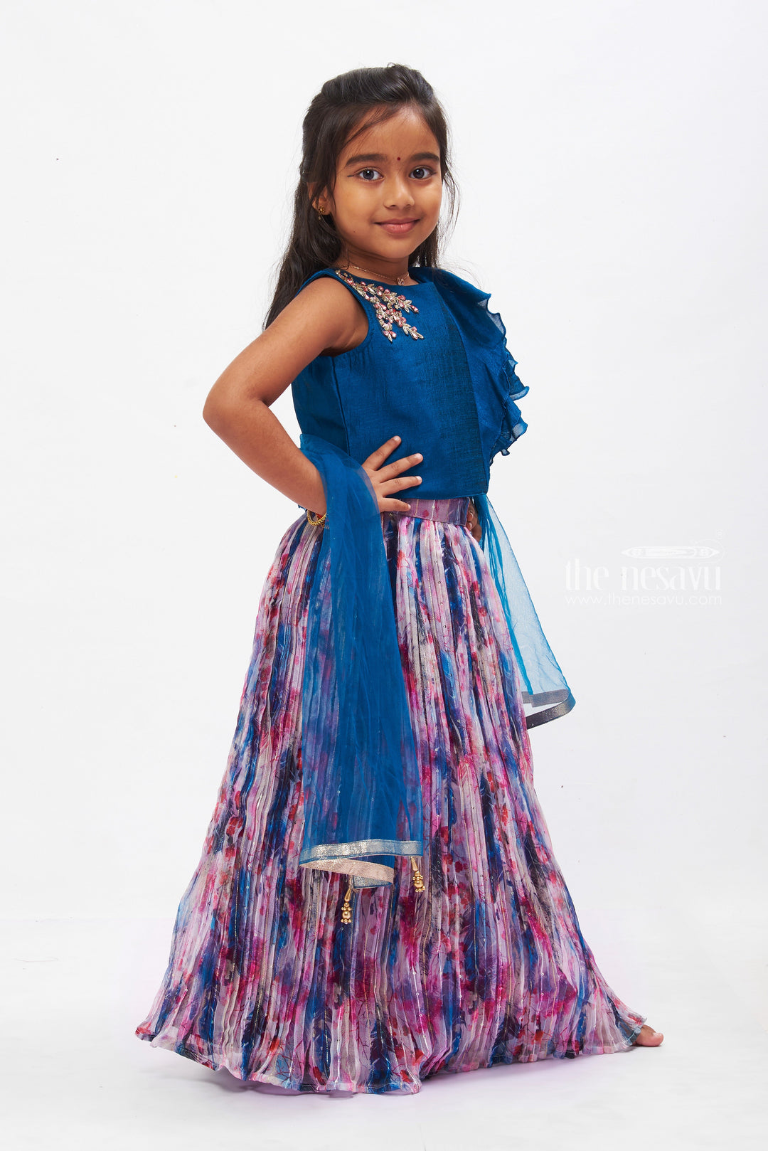 The Nesavu Girls Lehenga Choli Elegant Blue Floral Lehenga Choli Set for Girls - Traditional with a Modern Twist Nesavu Shop Girls Designer Floral Lehenga Choli | Blue Festive Wear for Kids | The Nesavu