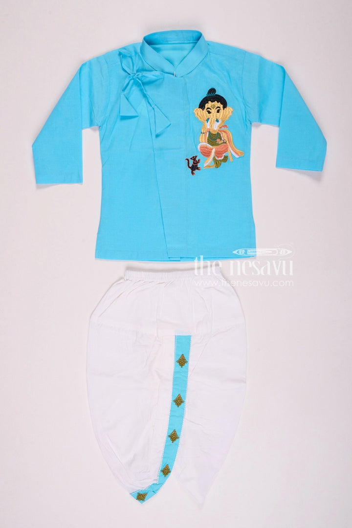 The Nesavu Boys Dothi Set Elegant Blue Ganesh Utsav Baby Kurtha with Dothi Pant Set Nesavu 12 (3M) / Blue BES555C-12 Elegant Blue Ganesh Utsav Baby Kurtha with Dothi Pant Set - Festive Wear