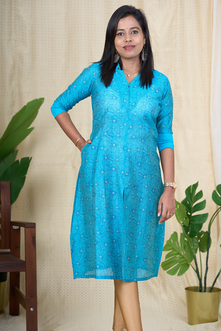 The Nesavu Womens A-Line Kurthas Elegant Blue Viscose Silk Kurti with Floral Print for Ladies Nesavu Blue Viscose Silk Kurti for Ladies | Floral Print Front-Open Kurti