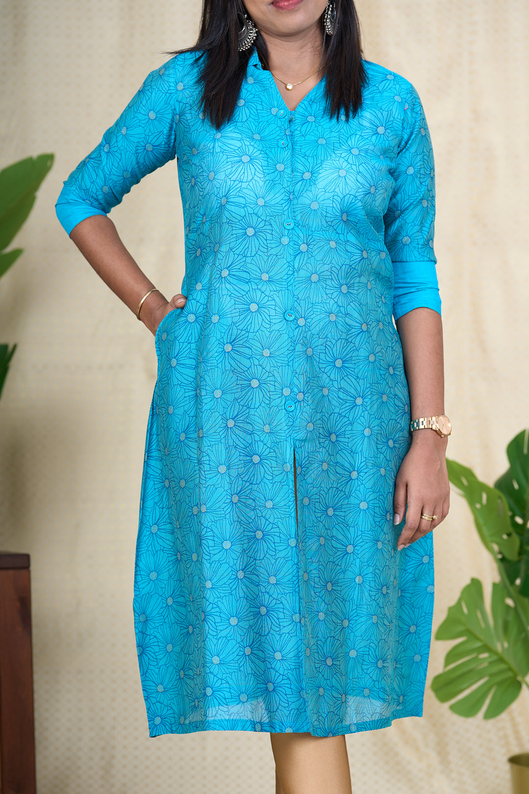 The Nesavu Womens A-Line Kurthas Elegant Blue Viscose Silk Kurti with Floral Print for Ladies Nesavu Blue Viscose Silk Kurti for Ladies | Floral Print Front-Open Kurti