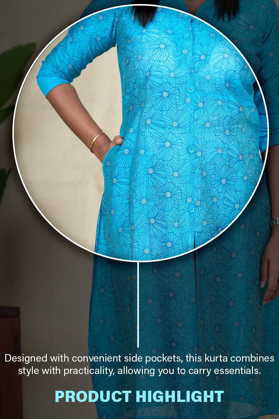 The Nesavu Womens A-Line Kurthas Elegant Blue Viscose Silk Kurti with Floral Print for Ladies Nesavu Blue Viscose Silk Kurti for Ladies | Floral Print Front-Open Kurti