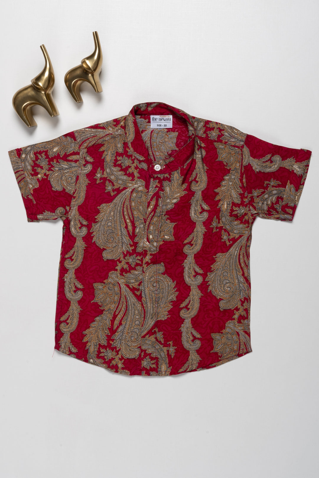 The Nesavu Boys Cotton Shirt Elegant Boys Chanderi Shirt with Rich Red and Gold Baroque Design - Perfect for Festive Occasions Nesavu 16 (1Y) / Red / Chanderi BS144B-16 Elegant Boys Chanderi Shirt with Rich Red and Gold Baroque Design | Perfect for Festive Occasions | The Nesavu