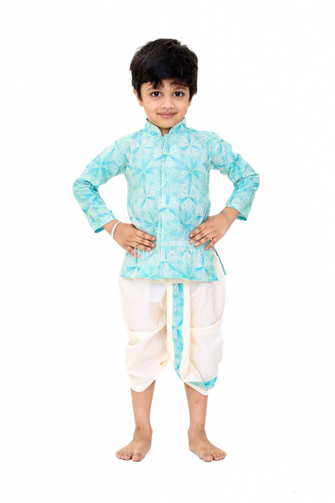 The Nesavu Boys Dothi Set Elegant Boys Green Dhoti Kurta Wedding Set with Floral Embroidery Nesavu 10 (NB) / Green BES623A-10 Boys Green Dhoti Kurta Set Floral Embroidery Weddings | The Nesavu