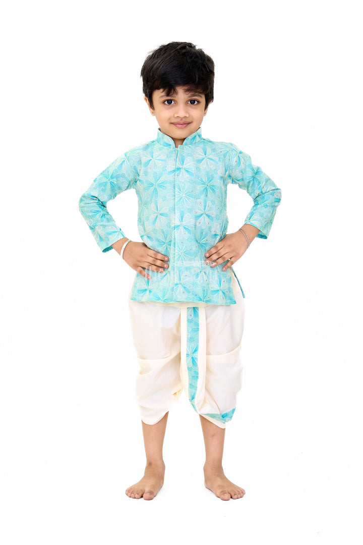 The Nesavu Boys Dothi Set Elegant Boys Green Dhoti Kurta Wedding Set with Floral Embroidery Nesavu 10 (NB) / Green BES623A-10 Boys Green Dhoti Kurta Set Floral Embroidery Weddings | The Nesavu