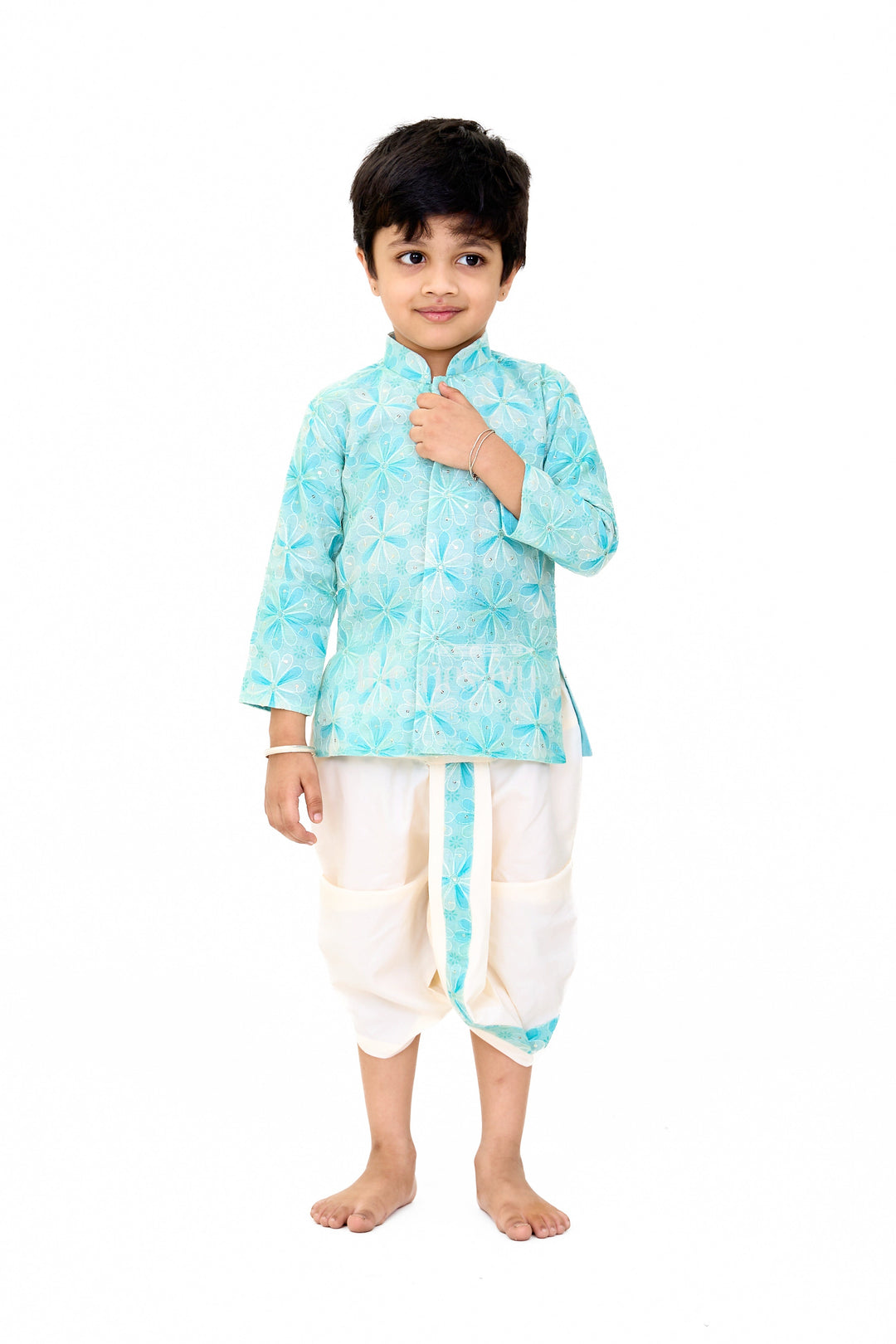 The Nesavu Boys Dothi Set Elegant Boys Green Dhoti Kurta Wedding Set with Floral Embroidery Nesavu Boys Green Dhoti Kurta Set Floral Embroidery Weddings | The Nesavu