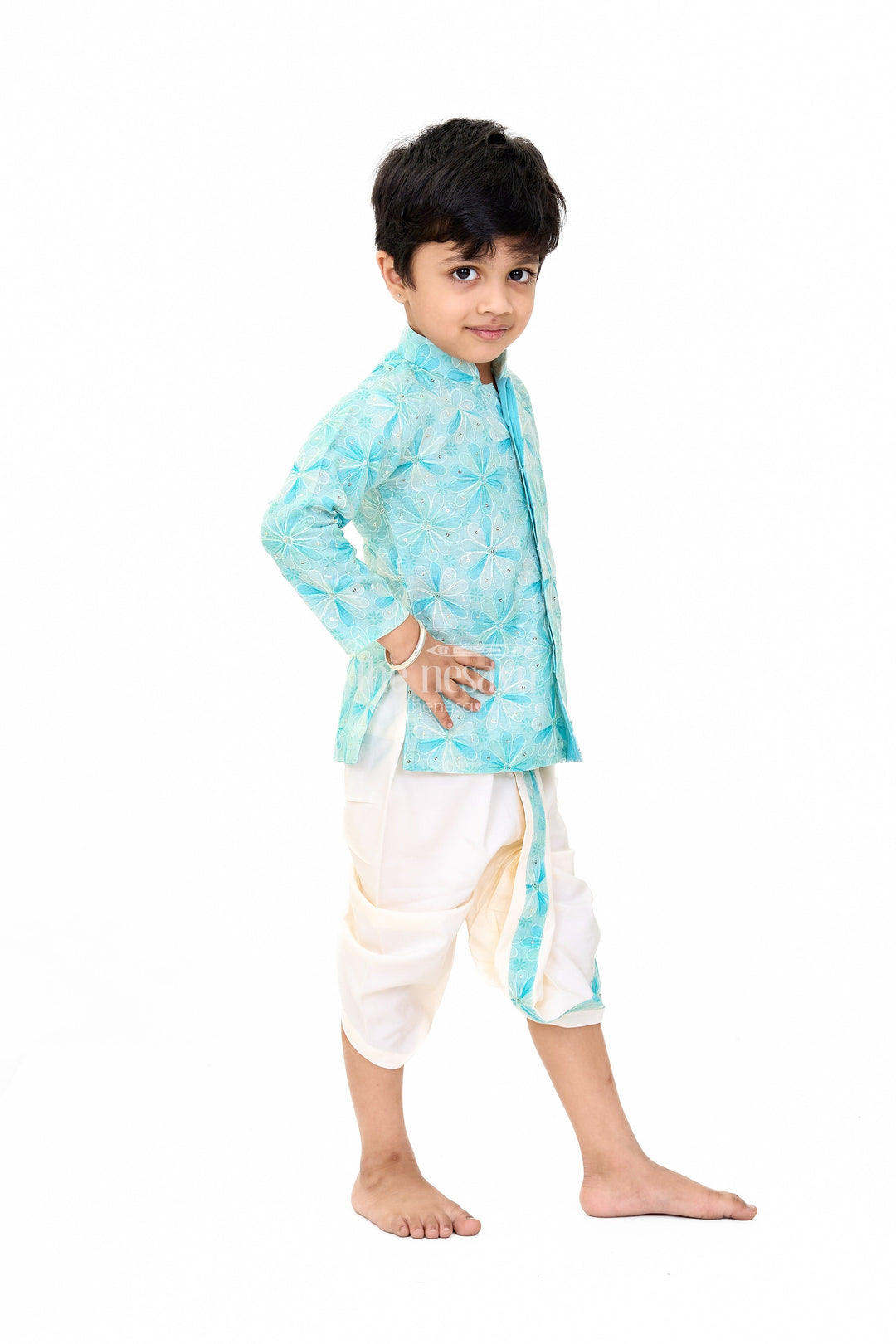 The Nesavu Boys Dothi Set Elegant Boys Green Dhoti Kurta Wedding Set with Floral Embroidery Nesavu Boys Green Dhoti Kurta Set Floral Embroidery Weddings | The Nesavu