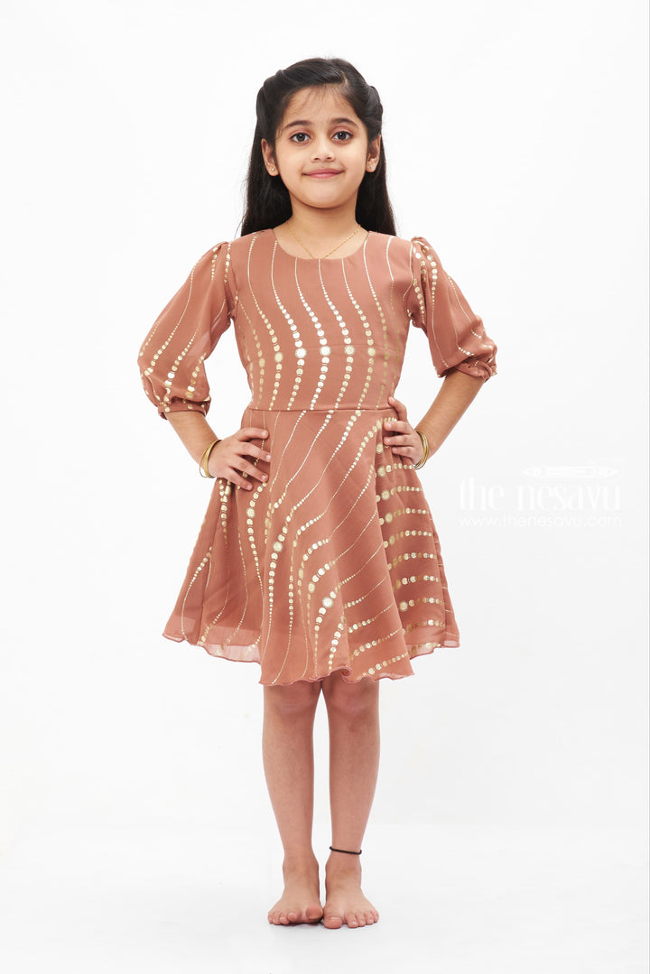 The Nesavu Girls Fancy Frock Elegant Brown Swirl Foil Dress: Chic Geometric Lines for Girls Nesavu 18 (2Y) / Brown GFC1211A-18 Girls' Sequin Geometric Dress | Sophisticated Party Wear for Kids | The Nesavu