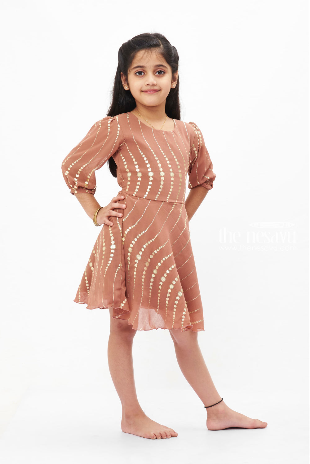 The Nesavu Girls Fancy Frock Elegant Brown Swirl Foil Dress: Chic Geometric Lines for Girls Nesavu Girls' Sequin Geometric Dress | Sophisticated Party Wear for Kids | The Nesavu