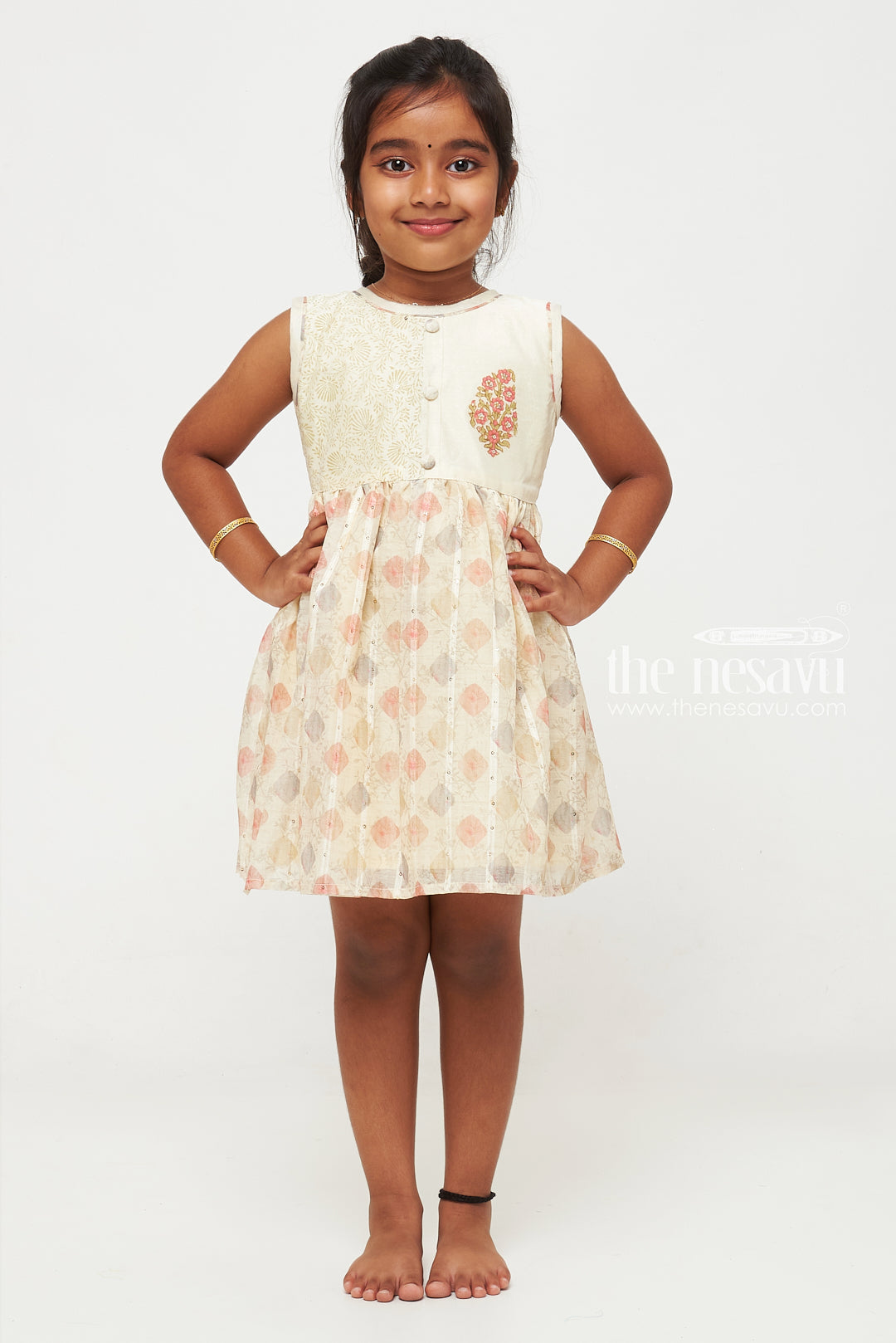 The Nesavu Girls Chanderi Frock Elegant Chanderi Cotton Frock with Floral Motif for Young Girls Nesavu 16 (1Y) / White / Chanderi GFC1315A-16 Buy Elegant Floral Chanderi Cotton Frock for Girls | The Nesavu